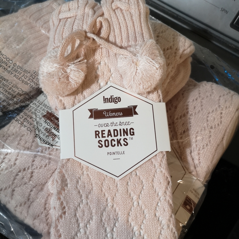 Indigo women's pom pom over the knee reading socks